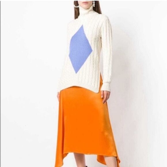 Tory Burch Sweater Nel Cable Knit Diamond Turtleneck Alpaca Wool in Cream Blue - Picture 1 of 15